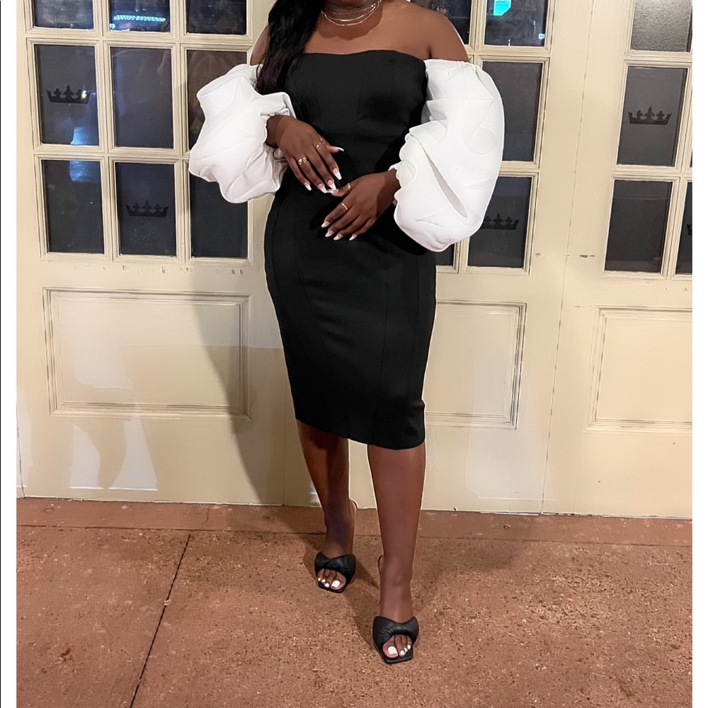 ASOS design off the shoulder exaggerated sleeve midi body conscious dress